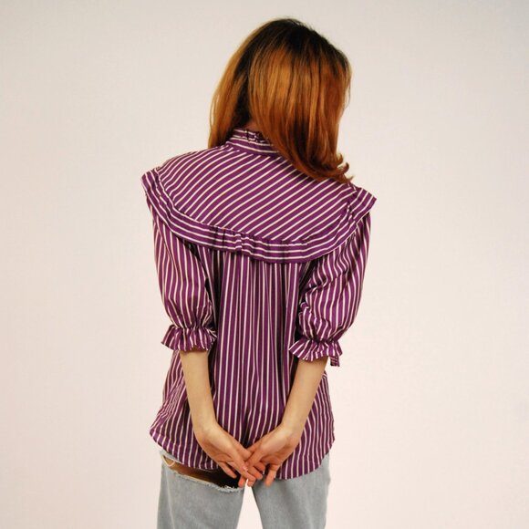 70s Ruffle Top (2XL) vintage purple stripe oversize white blouse disco funky 60s - Picture 3 of 8
